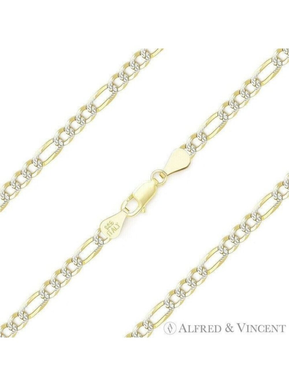 Figaro Pave Link .925 Sterling Silver 14k Yellow Gold-Plated Chain Anklet - 8"